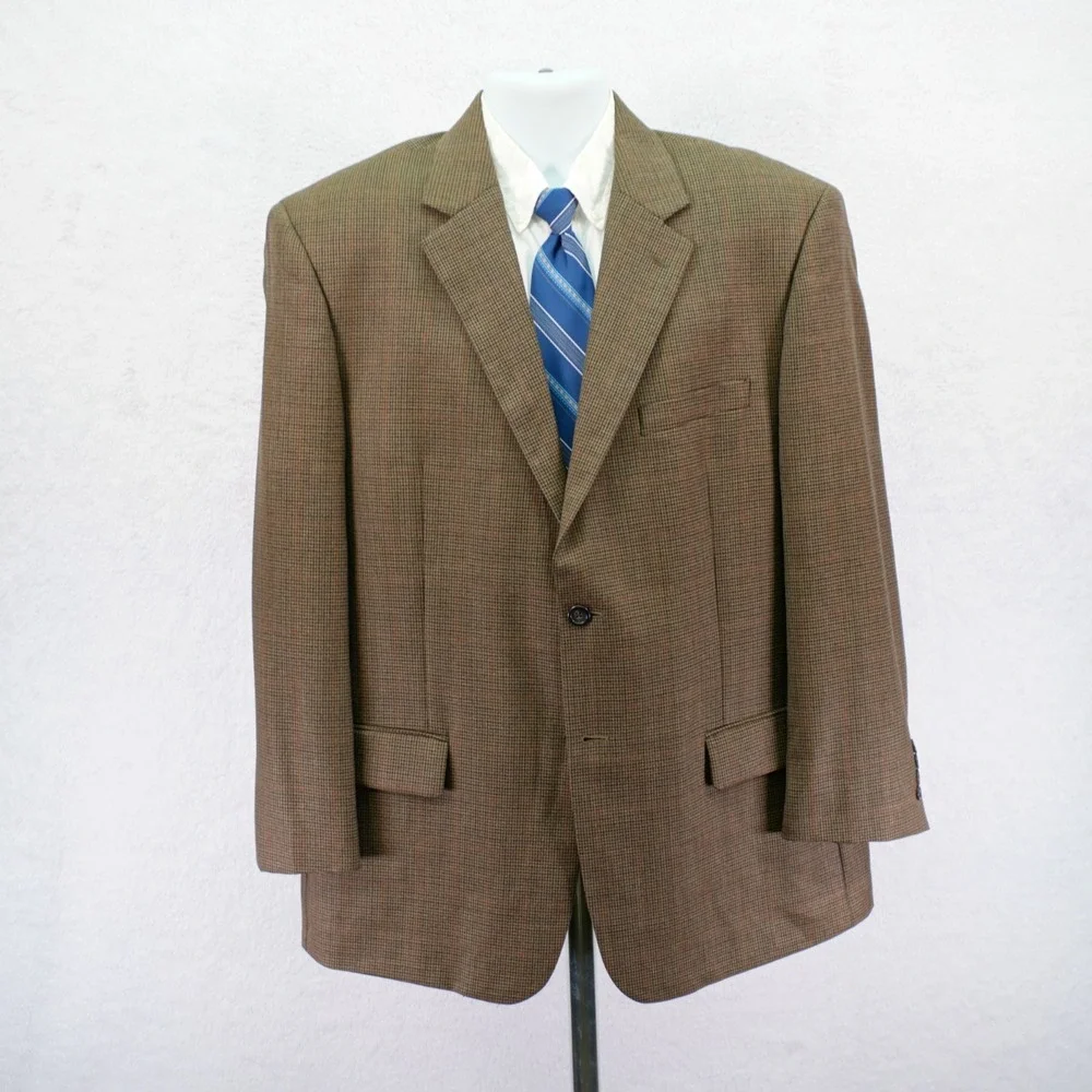 Pronto Uomo Wool Brown Tan Houndstooth W/ Red Orange‎ Winowpane 44R Sport Coat